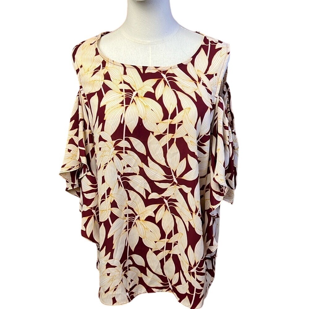 Worthington Womens Burgundy Floral Cold Shoulder Flutter Sleeve‎ Top Lg Tropical